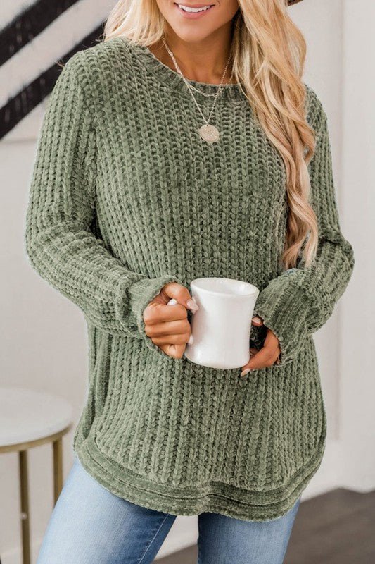 Women Long Sleeve Round Hem Cable Knit Sweater - Bold Rose Boutique