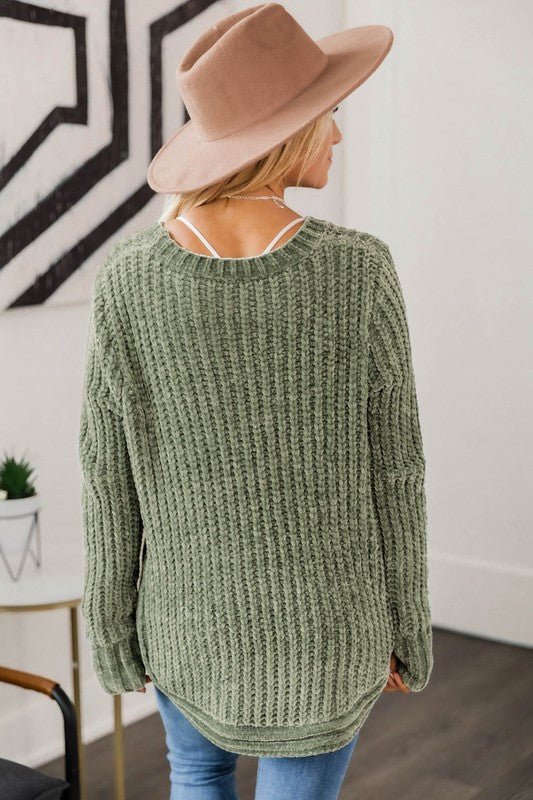 Women Long Sleeve Round Hem Cable Knit Sweater - Bold Rose Boutique