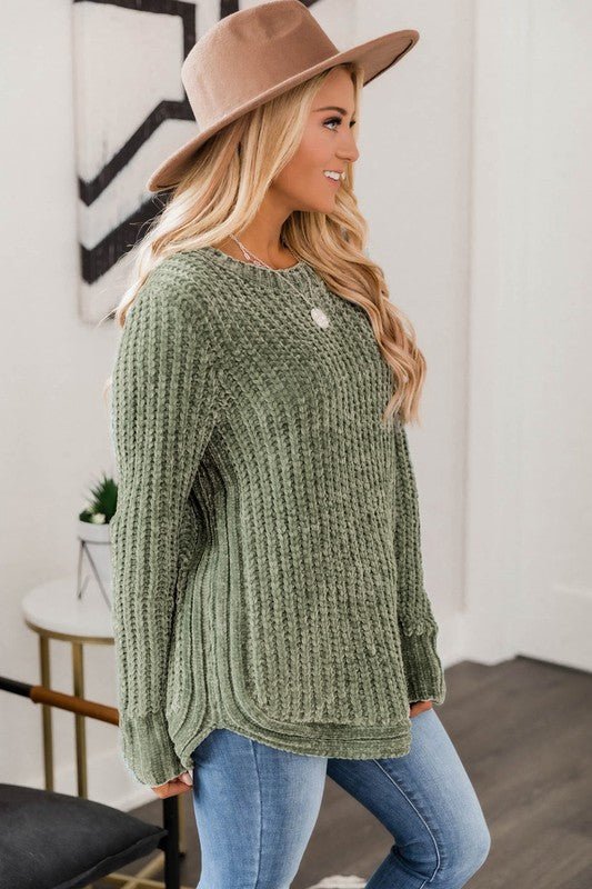 Women Long Sleeve Round Hem Cable Knit Sweater - Bold Rose Boutique