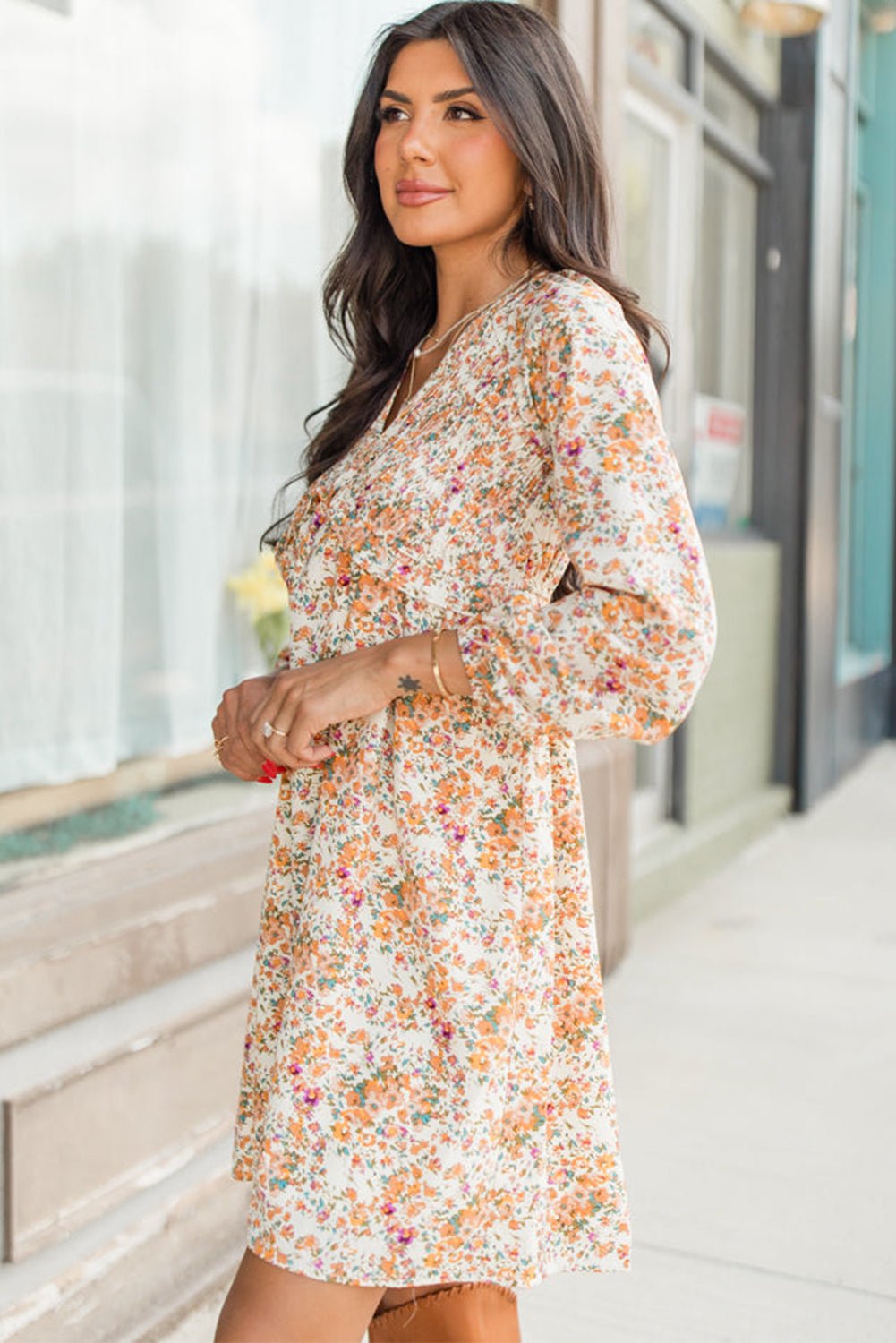 Yellow Boho Floral V Neck Ruffled Empire Waist Long Sleeve Mini Dress - Bold Rose Boutique