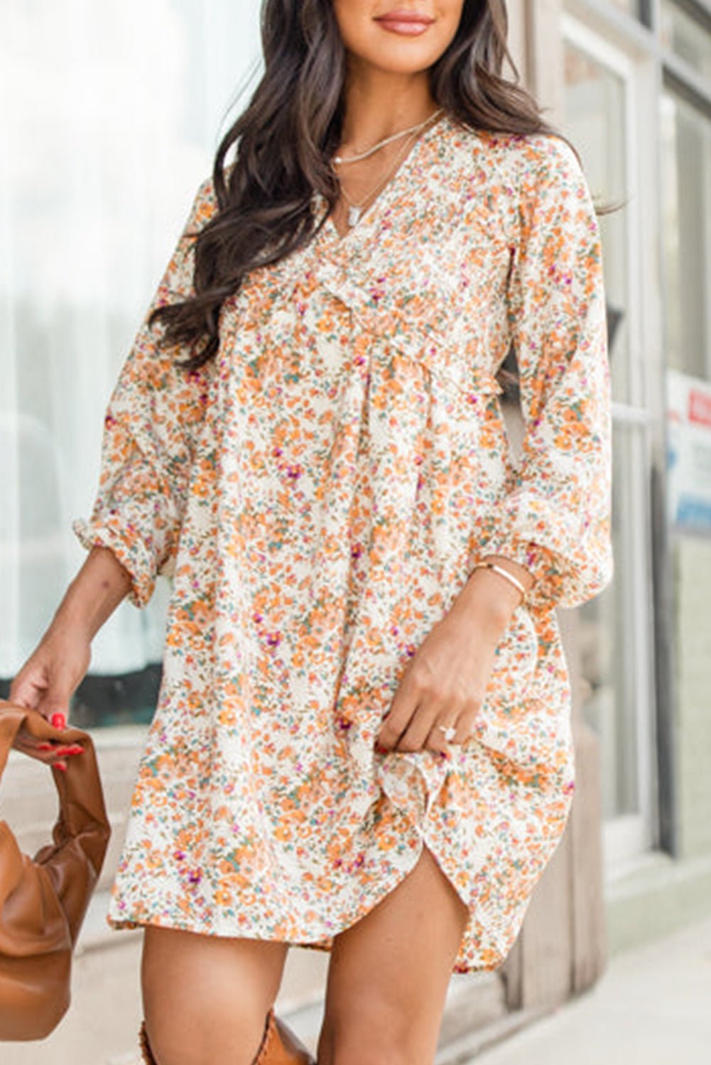 Yellow Boho Floral V Neck Ruffled Empire Waist Long Sleeve Mini Dress - Bold Rose Boutique