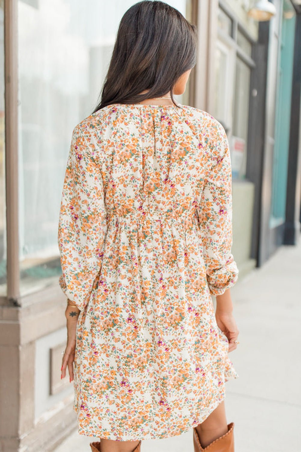 Yellow Boho Floral V Neck Ruffled Empire Waist Long Sleeve Mini Dress - Bold Rose Boutique