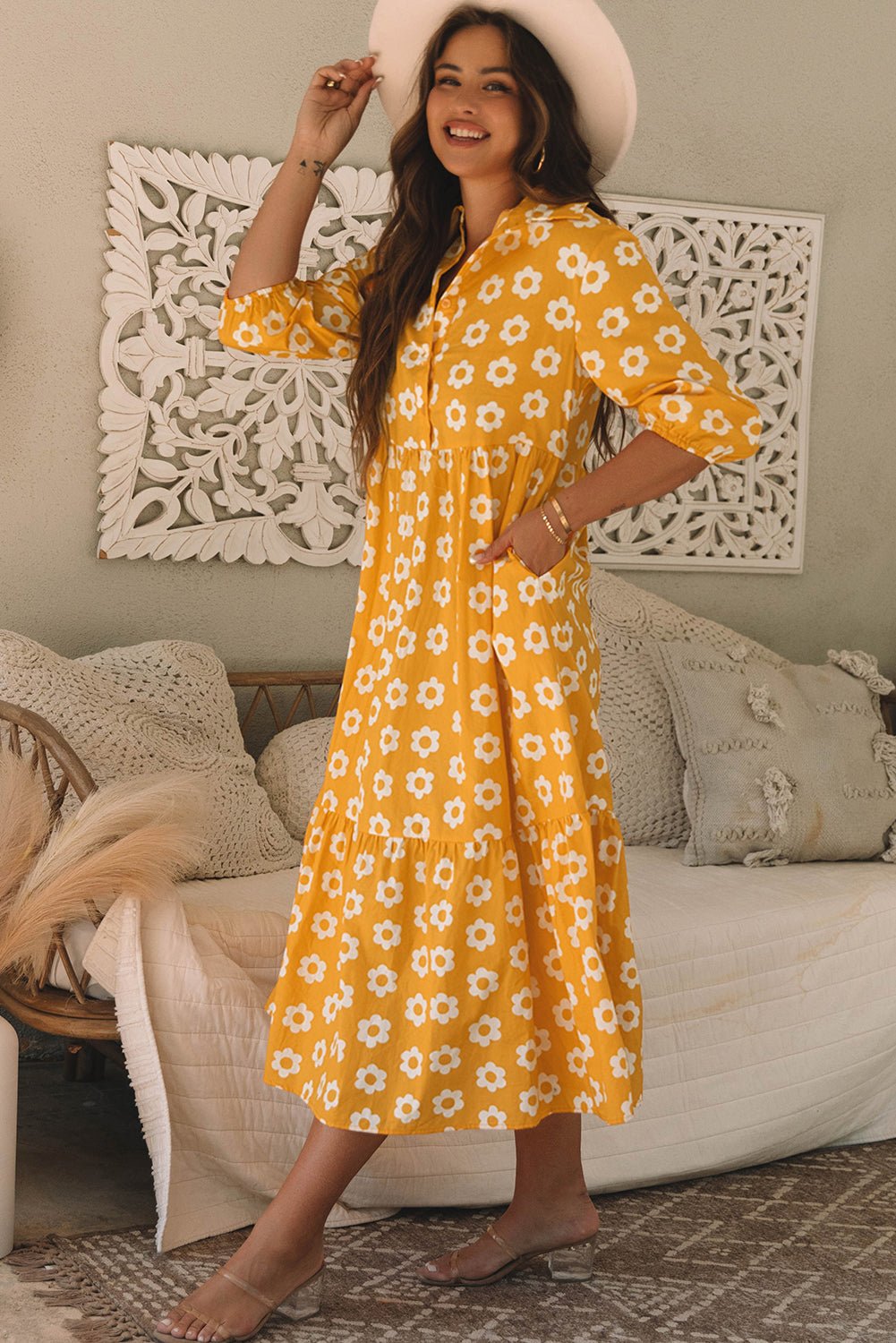 Yellow Flower Print Bracelet Sleeve Buttons Collared Maxi Dress - Bold Rose Boutique