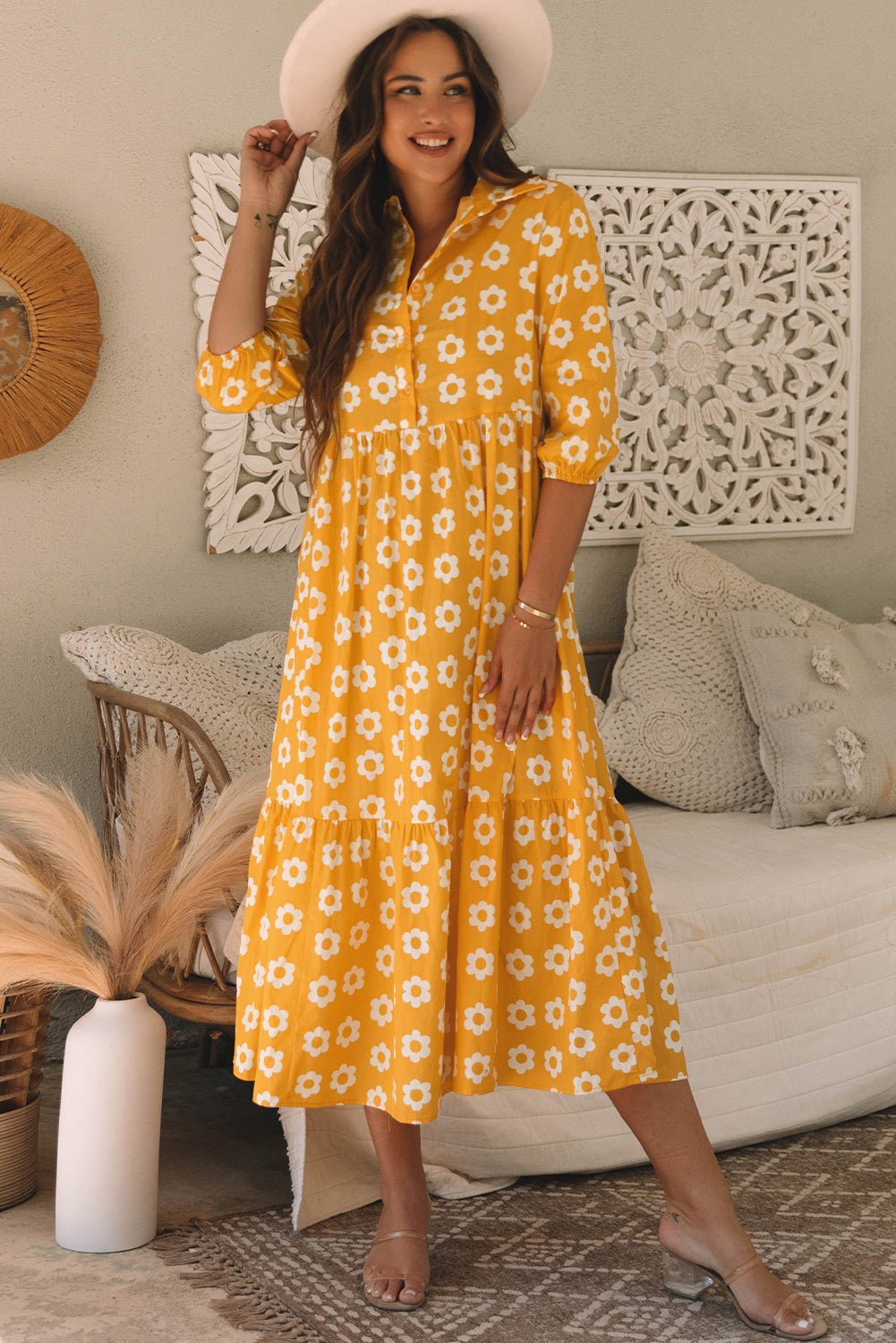 Yellow Flower Print Bracelet Sleeve Buttons Collared Maxi Dress - Bold Rose Boutique