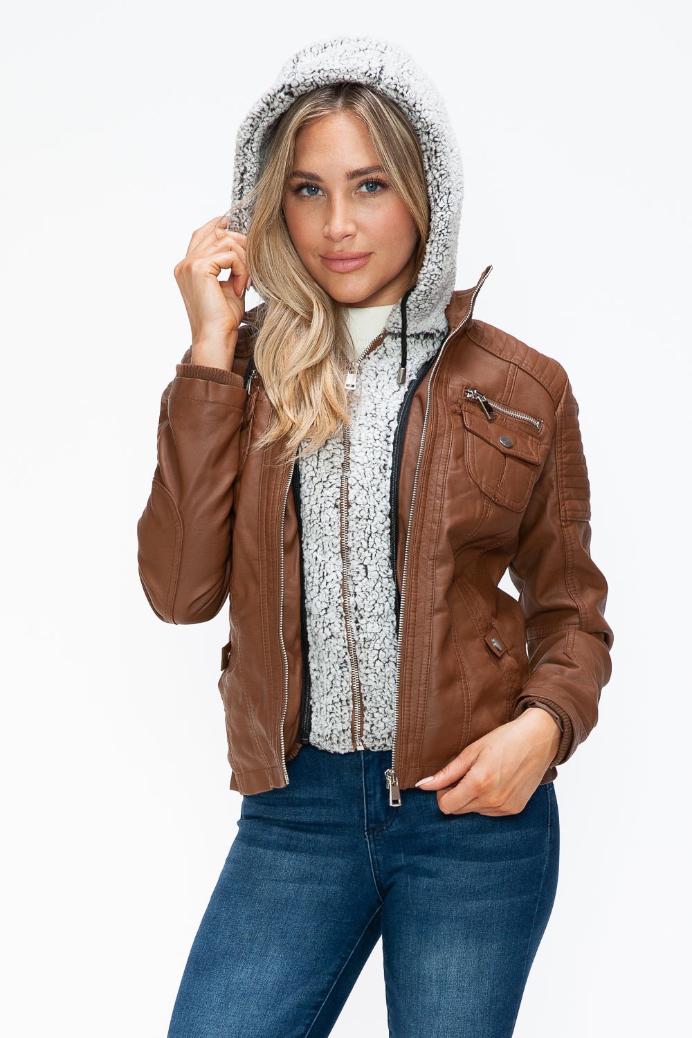 YMI Removable Faux Layered Multi - Pocket Jacket with Fuzzy Hood - Bold Rose Boutique