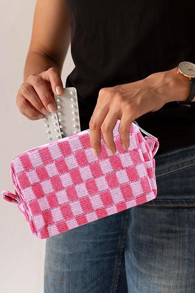 Zenana Checkered Pattern Knitted Cosmetic Pouch - Bold Rose Boutique