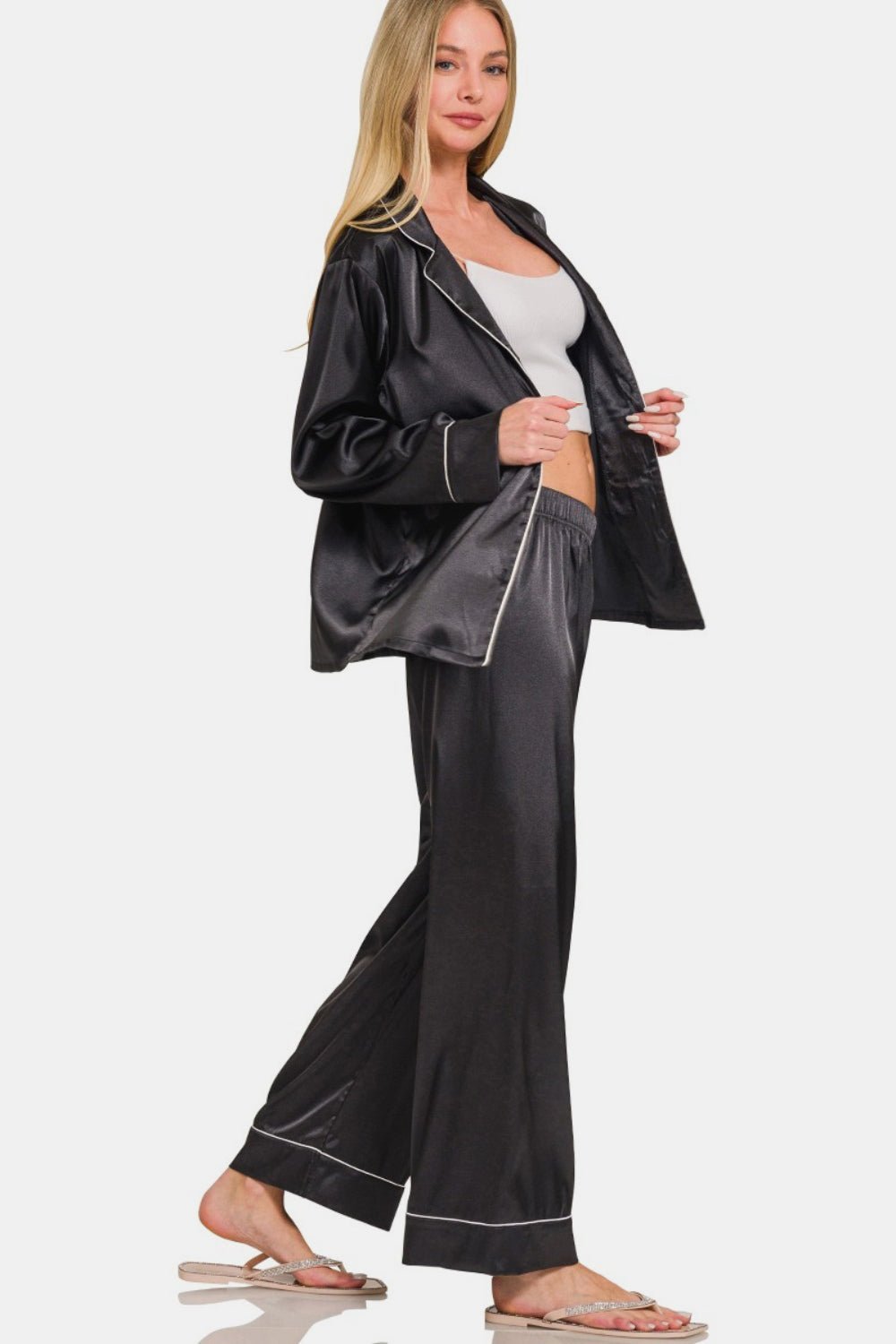 Zenana Satin Long Sleeve Shirt and Pants Pajama Set - Bold Rose Boutique