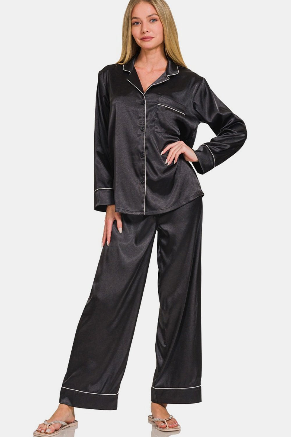 Zenana Satin Long Sleeve Shirt and Pants Pajama Set - Bold Rose Boutique