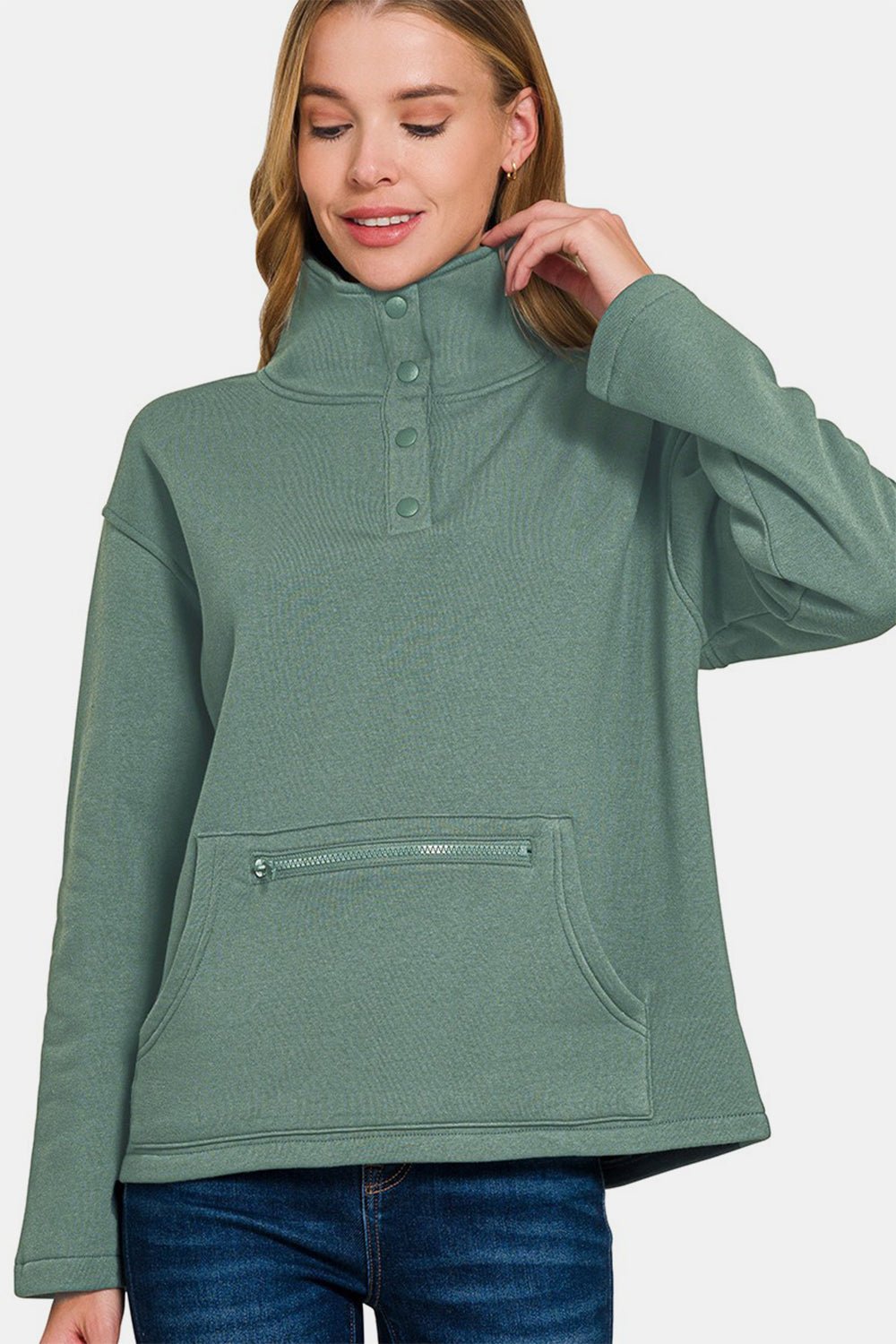 Zenana Turtleneck Half Snap Fleece Sweatshirt - Bold Rose Boutique