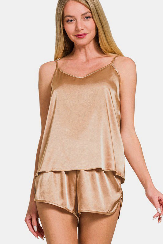 Zenana V - Neck Satin Cami and Elastic Waist Shorts Lounge Set - Bold Rose Boutique