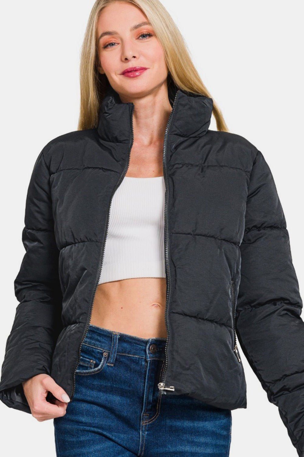 Zenana Zip Up Turtleneck Puffer Jacket with Pockets - Bold Rose Boutique