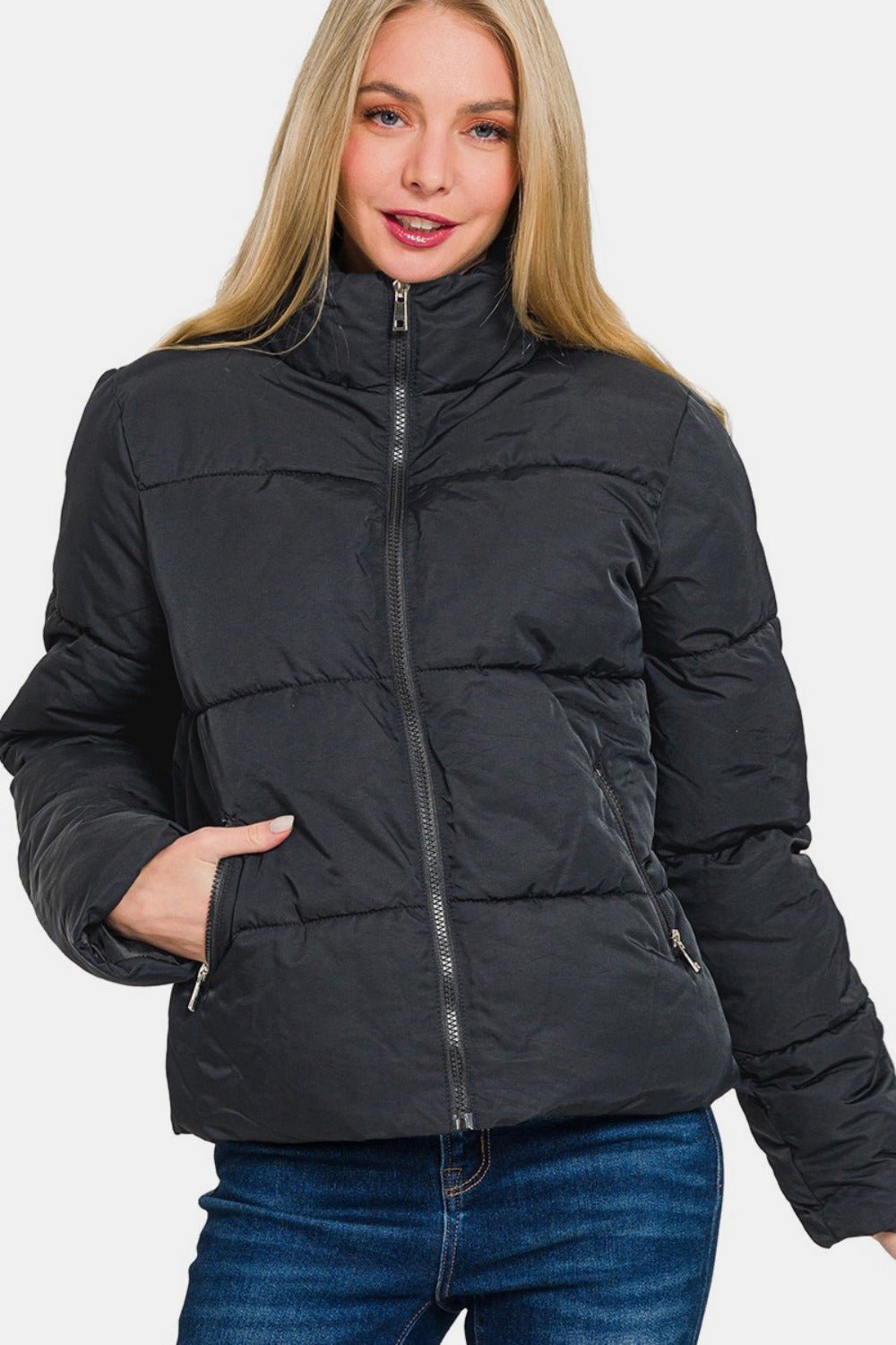 Zenana Zip Up Turtleneck Puffer Jacket with Pockets - Bold Rose Boutique